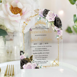 Quinceañera Sweet 16 Black Lila Floral Gold Arch Acryleinladungen