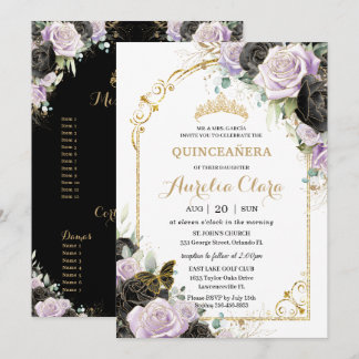 Quinceañera Sweet 16 Black Lilac Floral Padrinos Einladung