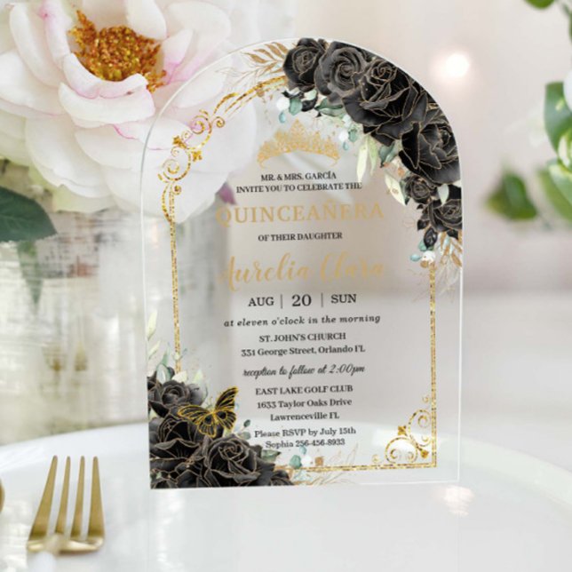 Quinceañera Sweet 16 Black Rose Floral Gold Arch Acryleinladungen (Von Creator hochgeladen)