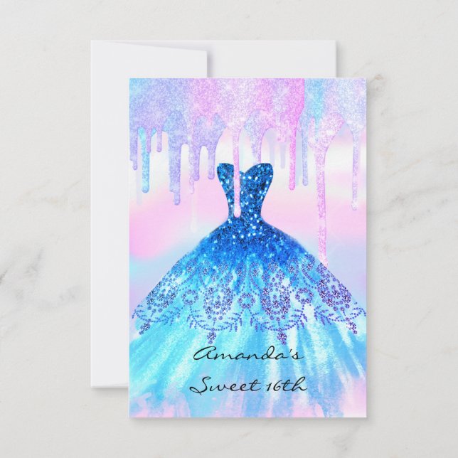 Quinceanera Sweet 16. Blue Pink Holographic Dress Einladung (Rückseite)