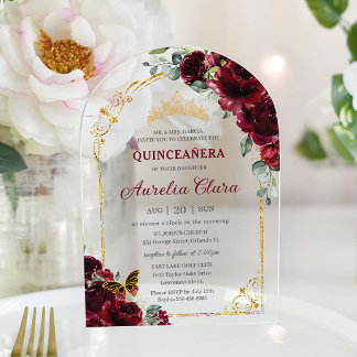 Quinceañera Sweet 16 Burgundy Floral Gold Arch Acryleinladungen