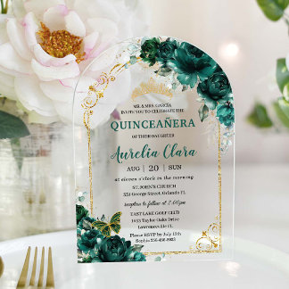 Quinceañera Sweet 16 Emerald Green Floral Gold Acryleinladungen