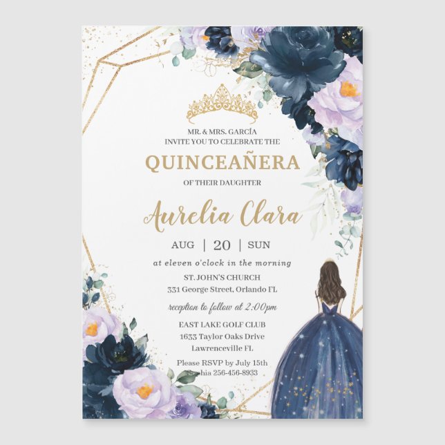 Quinceañera Sweet 16 Lila Lilac Navy Blauer Flora Magneteinladung (Vorderseite)
