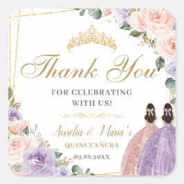Quinceañera Sweet 16 Lilac Blush Floral Twin Girls Quadratischer Aufkleber