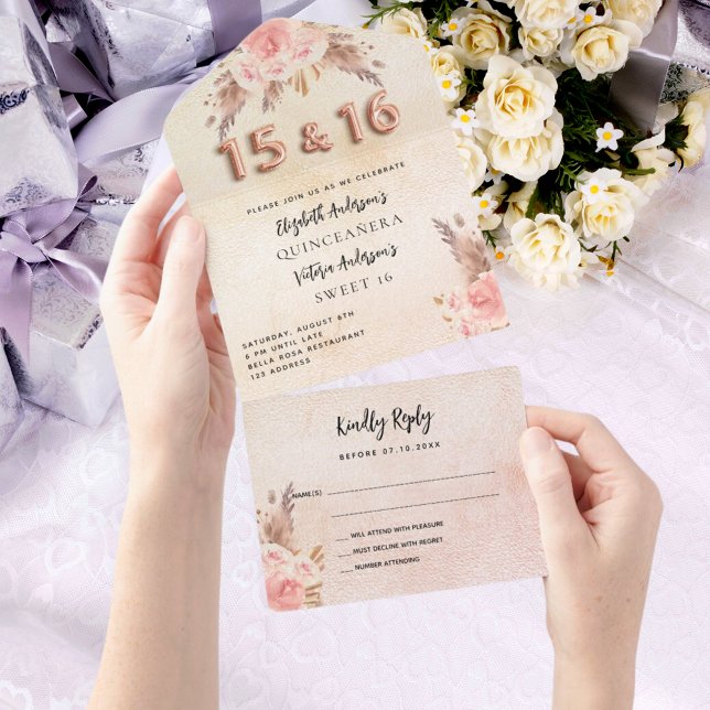 Quinceanera Sweet 16 Pampas Rose Rosa Blumensträuß All In One Einladung (Von Creator hochgeladen)