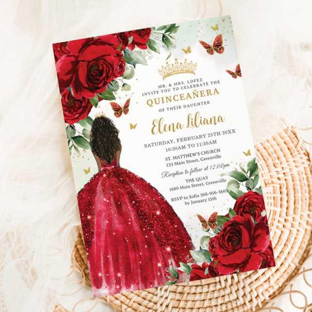 Quinceañera Sweet 16 Rote Rosen Blume Brown Girl Einladung (bright-vibrant-red-roses-floral-flowers-african-brown-black-princess-dress-gown-quinceanera-invites)