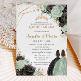 Quinceañera Sweet 16 Sage Green Black Floral Twins Einladung