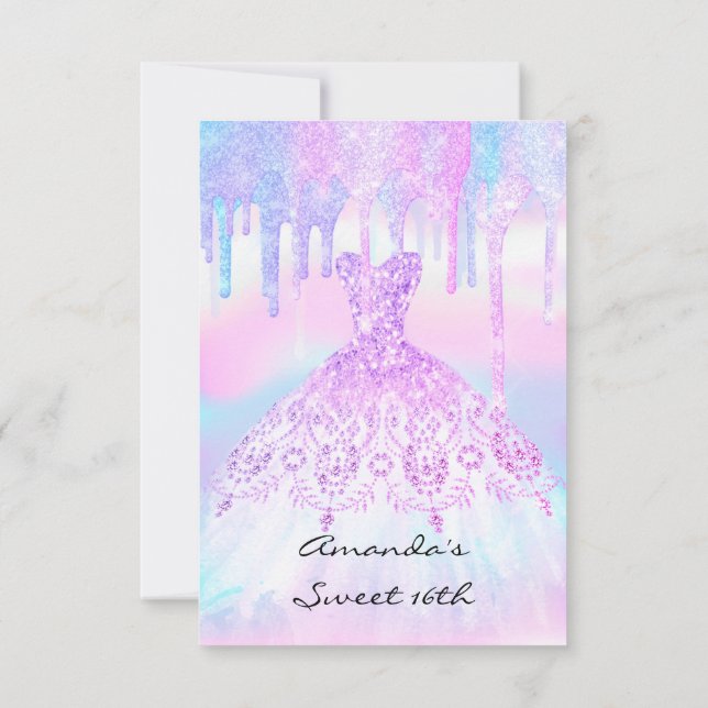 Quinceanera Sweet 16. Unicorn Holographic Dress Einladung (Rückseite)