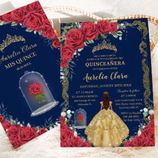 Quinceañera Sweet 16 Verzauberte Rote Rose Navy Bl Einladung