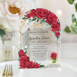 Quinceañera Sweet 16 XV Verzauberte Rote Rosen Acryleinladungen