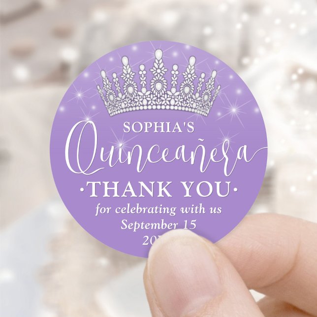 Quinceañera Thank You Elegant Crown Lilac Purple Runder Aufkleber (Von Creator hochgeladen)
