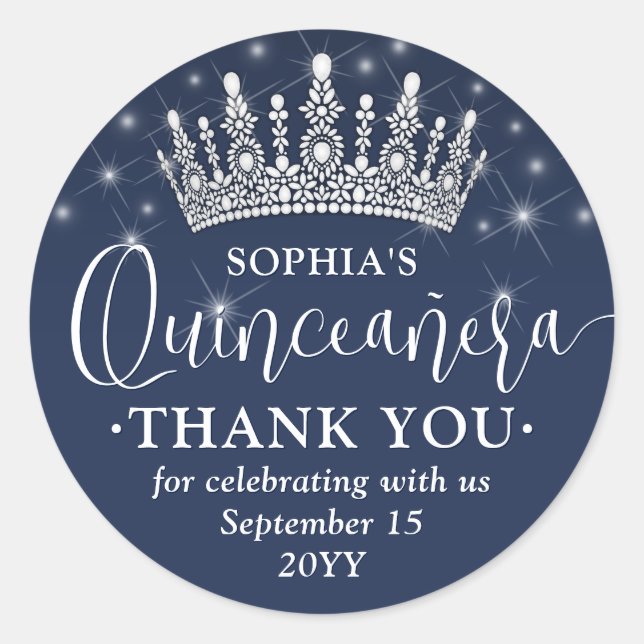 Quinceañera Thank You Elegant Crown Navy Blue Runder Aufkleber (Vorderseite)