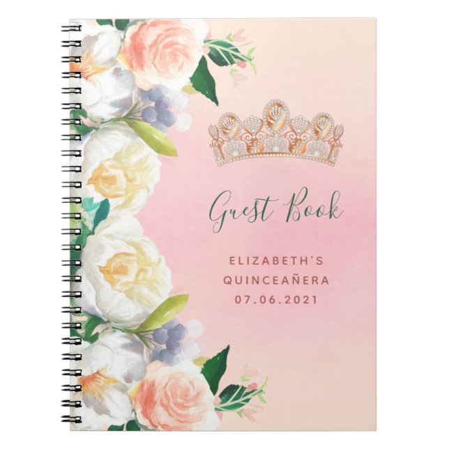 Quinceanera tiara florals white peach Guest Book Notizblock (Vorderseite)