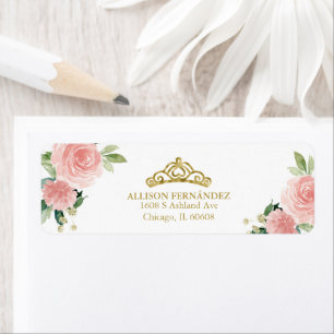 Quinceanera-Tiara Gold Blush Pink Florales Etikett
