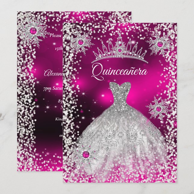 Quinceanera Tiara Kleid Rosa Winter Schneeflocke Einladung (Vorne/Hinten)