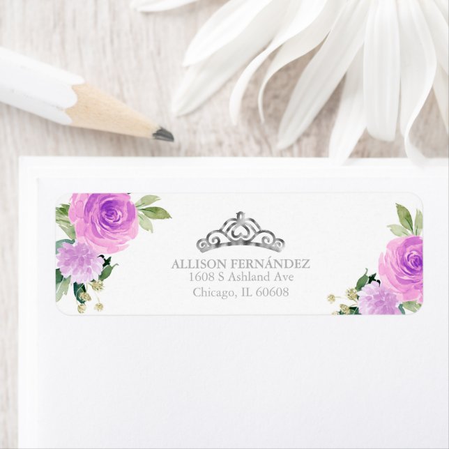 Quinceanera Tiara Silver Lila Blumenlabel (Insitu)