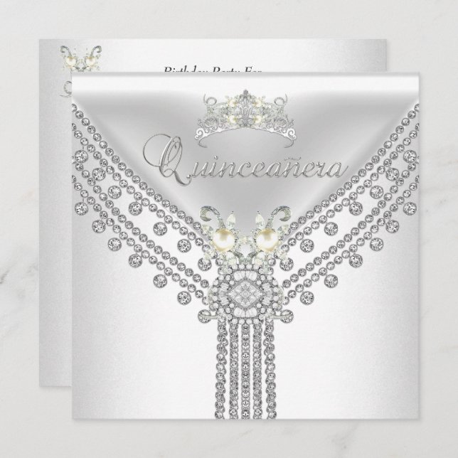 Quinceañera Tiara White Diamond Pearl Einladung (Vorne/Hinten)