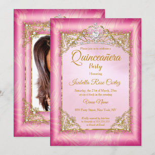 Quinceanera tief rosa Damast-Foto Gold-Tiara Einladung
