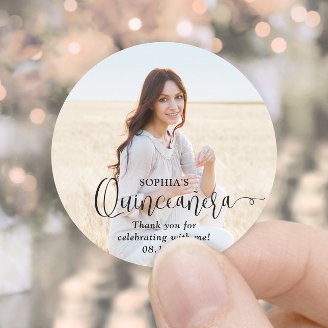Quinceañera Trendy Black Script & Foto Vielen Dank Runder Aufkleber (Von Creator hochgeladen)