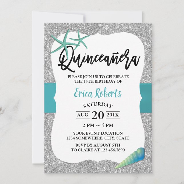 Quinceanera Türkis Beach Starfish Modernes Silber Einladung (Vorderseite)