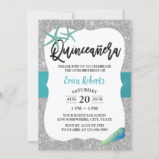 Quinceanera Türkis Beach Starfish Modernes Silber Einladung