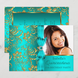 Quinceanera Türkis Blau Gold Damast Florales Foto Einladung