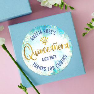 Quinceañera Türkis Blau Goldfolie Wasserfarbe Runder Aufkleber