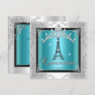 Quinceanera Türkis Blau Silber Tiara Eiffelturm Einladung