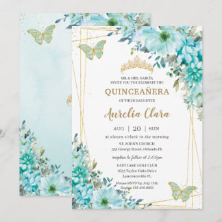 Quinceañera Türkis Blue Floral Gold Schmetterlinge Einladung