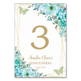 Quinceañera Türkis Blue Floral Gold Schmetterlinge Tischnummer
