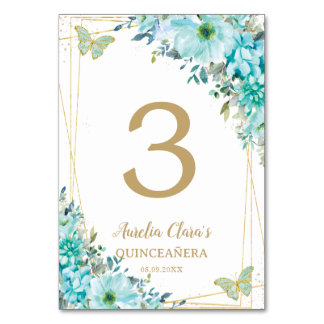 Quinceañera Türkis Blue Floral Gold Schmetterlinge Tischnummer