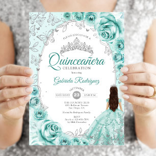 Quinceanera Türkis Silver Floral Einladung