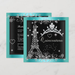 Quinceanera Türkisblaue Glitter-Tiara Eiffelturm Einladung