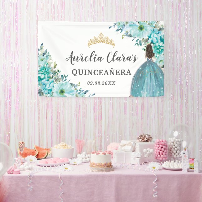 Quinceañera Turquoise Blue Floral Princess Willkom Banner (Party)