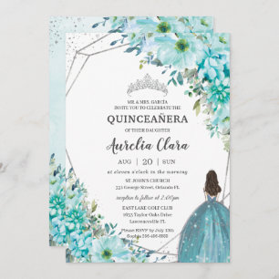 Quinceañera Turquoise Blue Floral Silver Princess Einladung