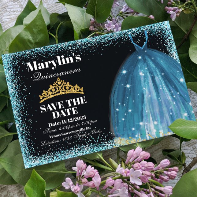 Quinceañera Turquoise Glitzer Ballgown Geburtstag Save The Date (Von Creator hochgeladen)