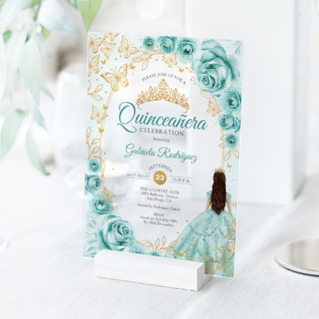 Quinceanera Turquoise Gold Floral Acryleinladungen (Von Creator hochgeladen)