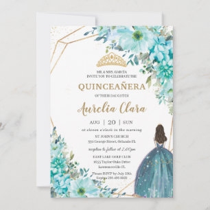 Quinceañera Turquoise Green Floral Gold Prinzessin Einladung