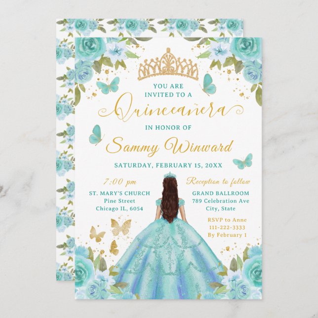 Quinceañera Turquoise Princess Brunette Girl Einladung (Vorne/Hinten)