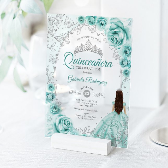 Quinceanera Turquoise Silver Floral Acryleinladungen (Von Creator hochgeladen)