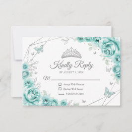 Quinceanera Turquoise Silver Floral Reply RSVP Karte
