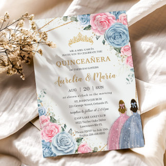 Quinceañera Twins Baby Blue Pink Floral Rose Einladung