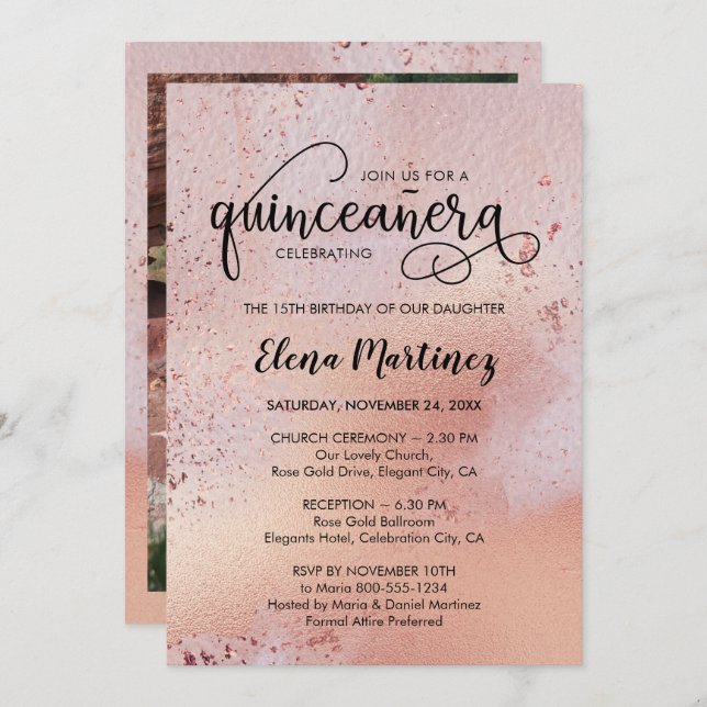 Quinceanera und Mass Elegante Rose Gold Foto Einladung (Vorne/Hinten)