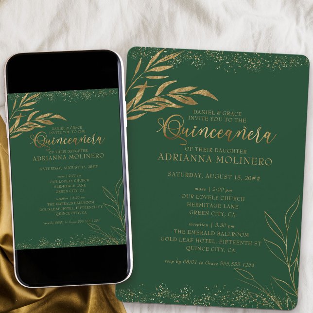 Quinceanera und Mass Elegantes Grün und Gold Leaf Einladung (Church ceremony and Quinceanera invitation in emerald green from my Gold Leaf Collection
)