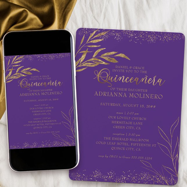 Quinceanera und Mass Elegantes Lila- und Goldblatt Einladung (Elegant invitation to Quinceanera and church ceremony in purple from my Gold Leaf Collection)