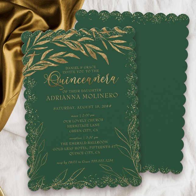 Quinceanera und Mass Emerald Green und Gold Blätte Einladung (Elegant Quinceanera & religious ceremony invitation in emerald green from my Gold Leaf Collection)
