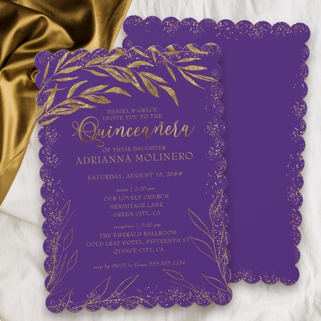 Quinceanera und Mass Luxury Lila- und Gold-Blätter Einladung (Elegant invitation to Quinceanera and church ceremony in purple from my Gold Leaf Collection
)