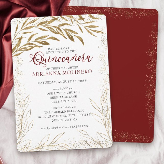 Quinceanera und Mass Luxury Red and Gold Blätter Einladung (Elegant invitation to Quinceanera & church blessing white, red and gold from my Gold Leaf Collection)