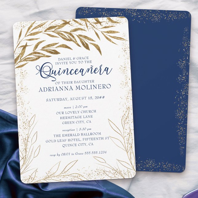 Quinceanera und Mass Luxury Royal Blue Gold Blätte Einladung (Elegant invitation to Quinceanera & church blessing white, blue and gold - my Gold Leaf Collection
)