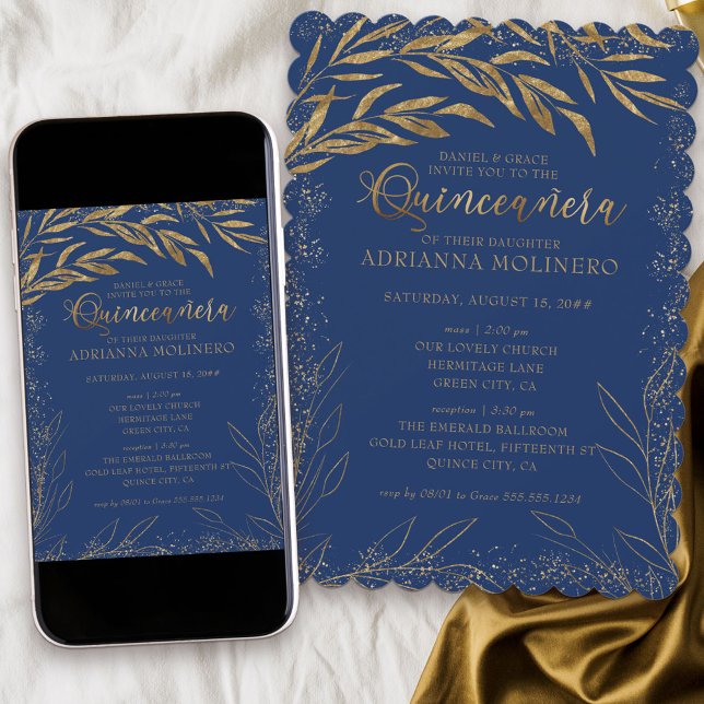 Quinceanera und Mass Royal Blue and Gold Blätter Einladung (Elegant invitation to Quinceanera and church ceremony in blue from my Gold Leaf Collection)